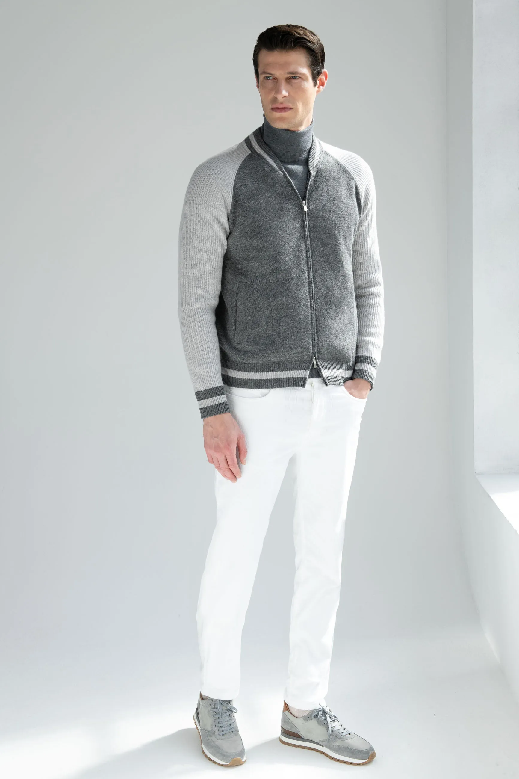 Grey knitted college bomber - Made in Italy