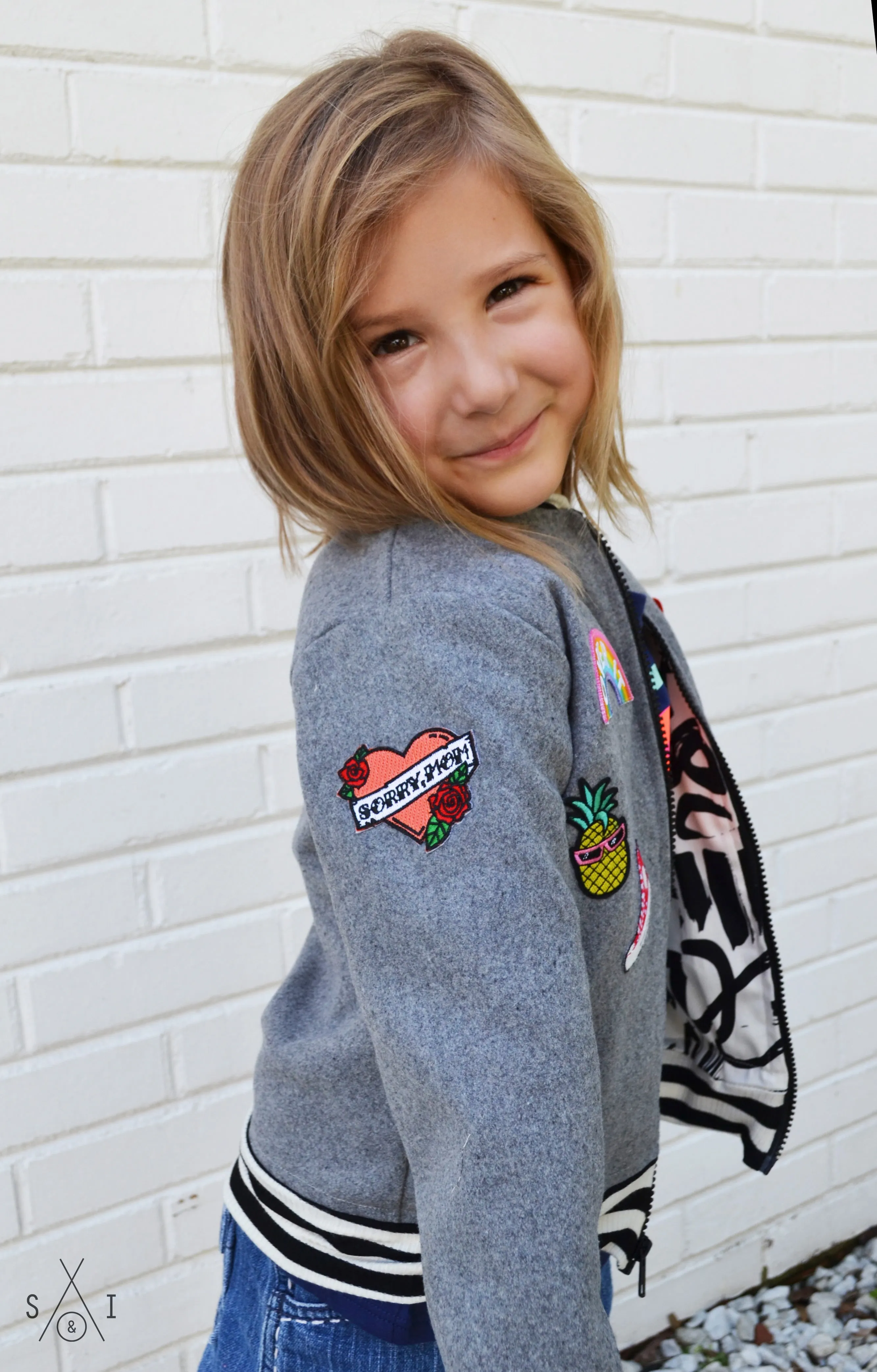 grey wool kids bomber jacket with patches: unisex