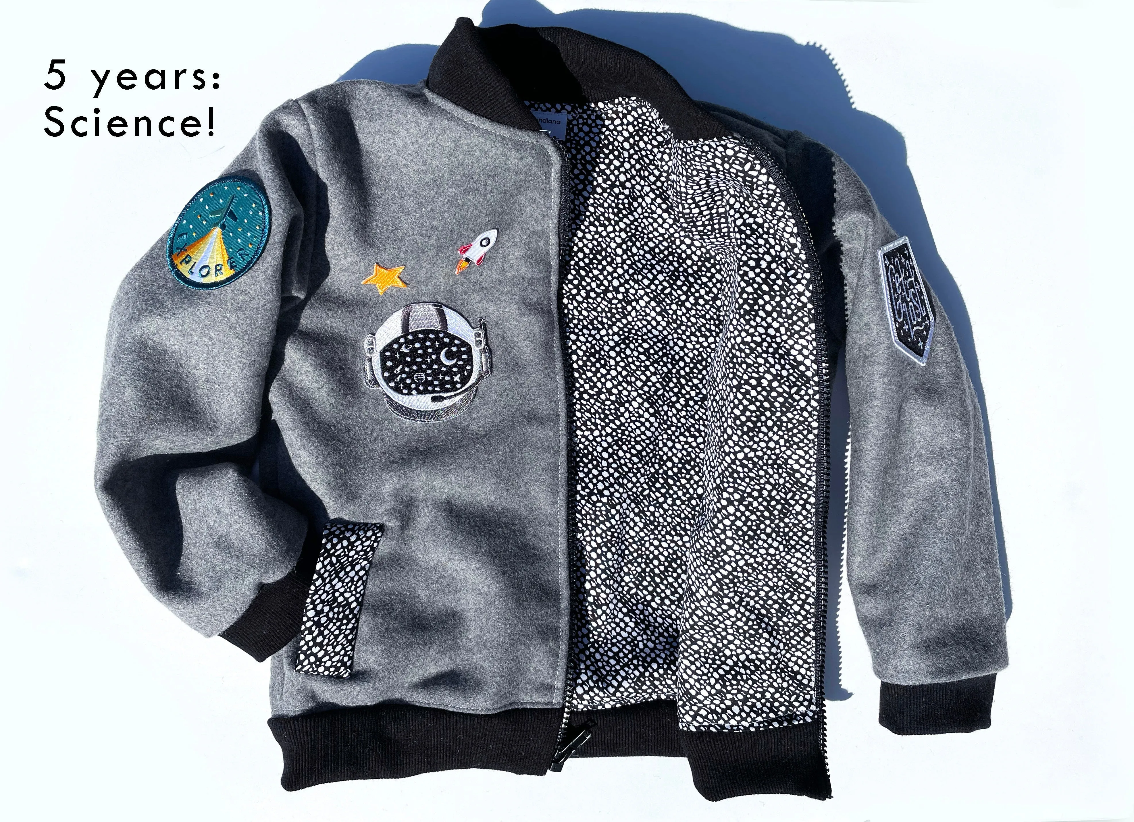 grey wool kids bomber jacket with patches: unisex