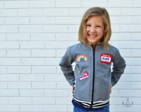 grey wool kids bomber jacket with patches: unisex