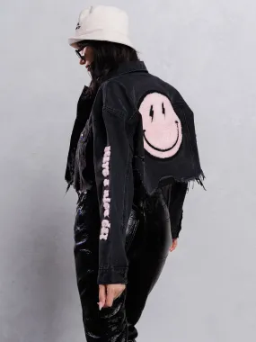HAVE A NICE DAY pink smiley Crop Denim Jacket