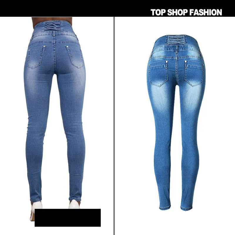High Waist Buttons Decorate Pocket Long Skinny Jeans