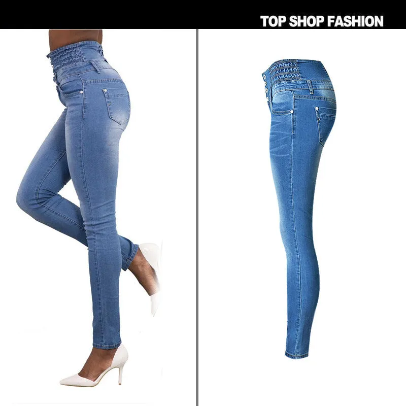High Waist Buttons Decorate Pocket Long Skinny Jeans