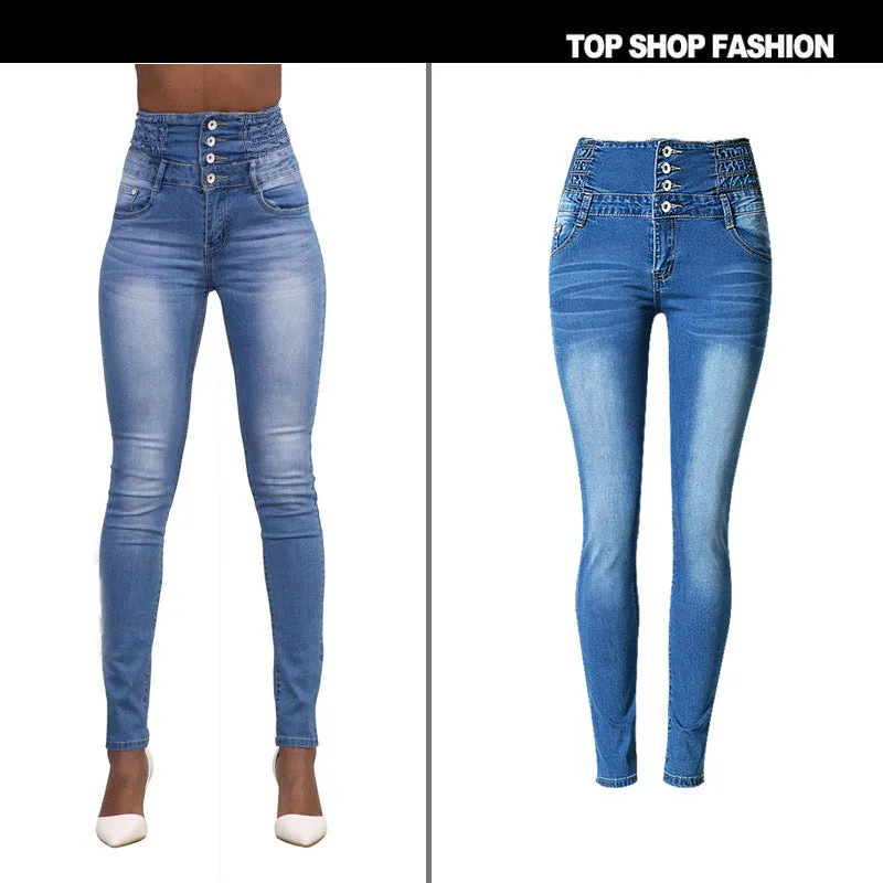 High Waist Buttons Decorate Pocket Long Skinny Jeans