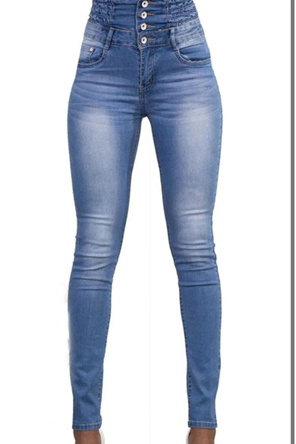 High Waist Buttons Decorate Pocket Long Skinny Jeans