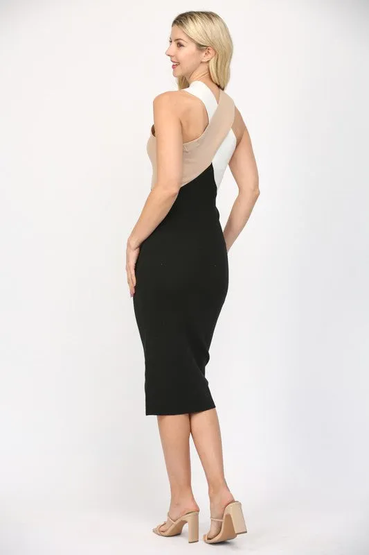 knit color block cross over midi dress
