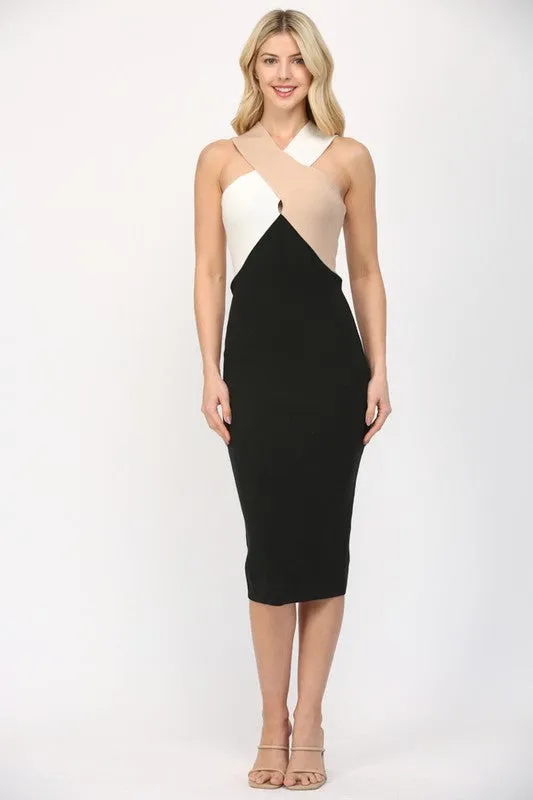 knit color block cross over midi dress