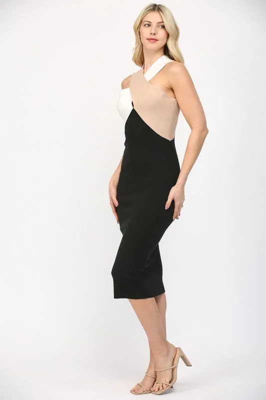 knit color block cross over midi dress