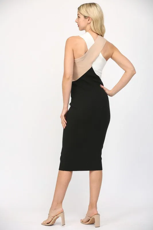 knit color block cross over midi dress