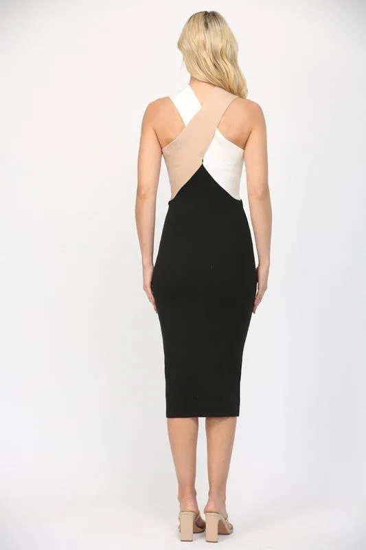 knit color block cross over midi dress
