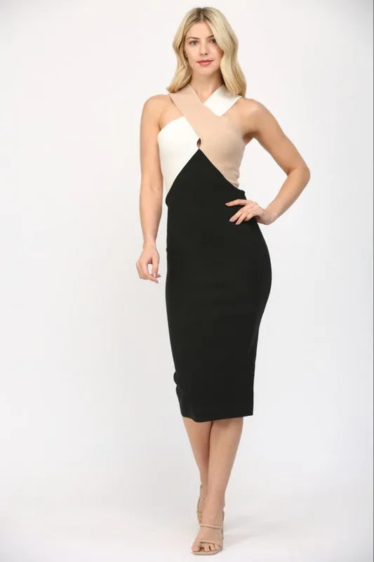 knit color block cross over midi dress