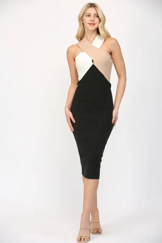 knit color block cross over midi dress