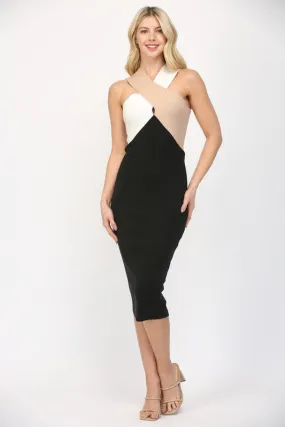 knit color block cross over midi dress