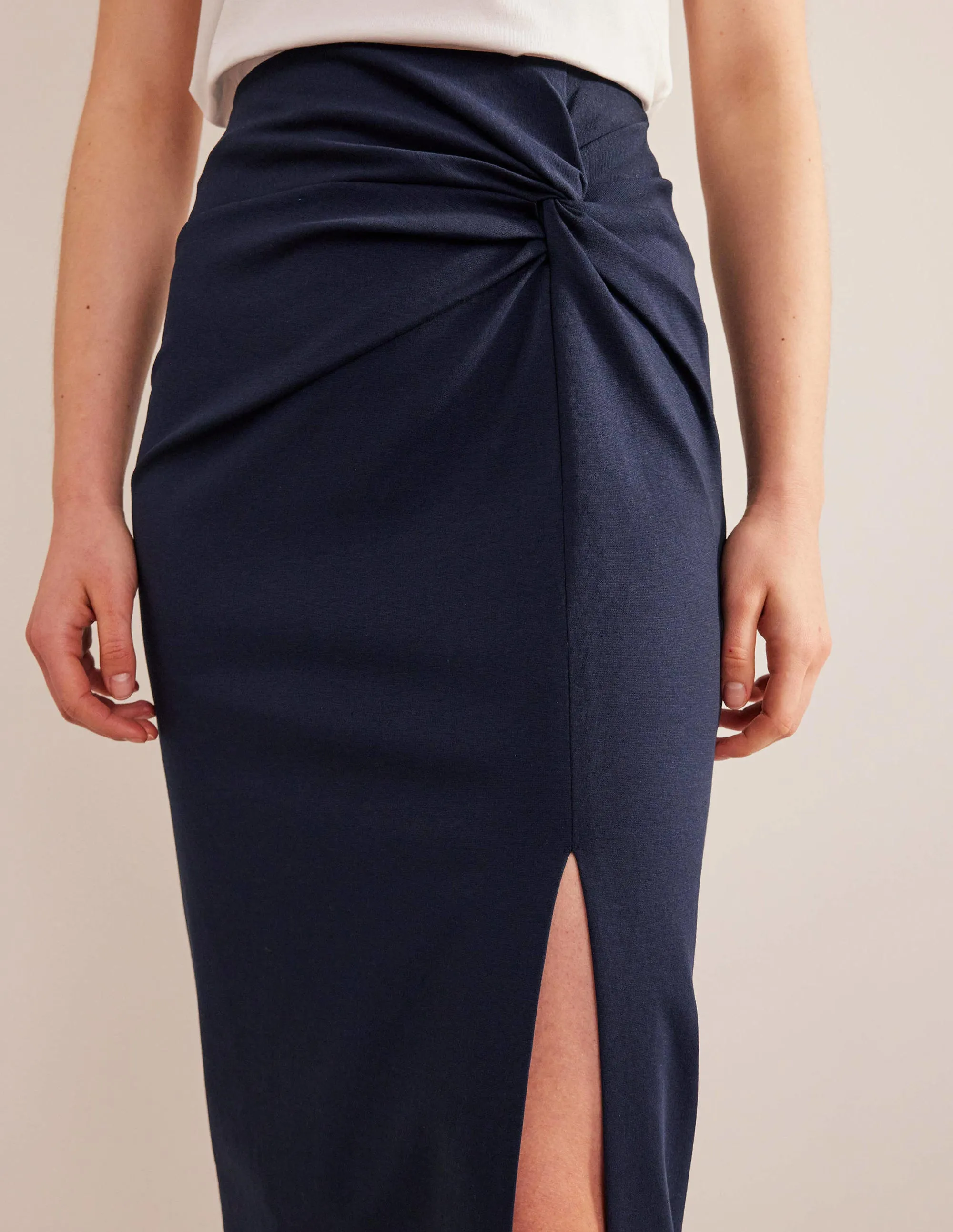 Knot Detail Jersey Midi Skirt-Navy