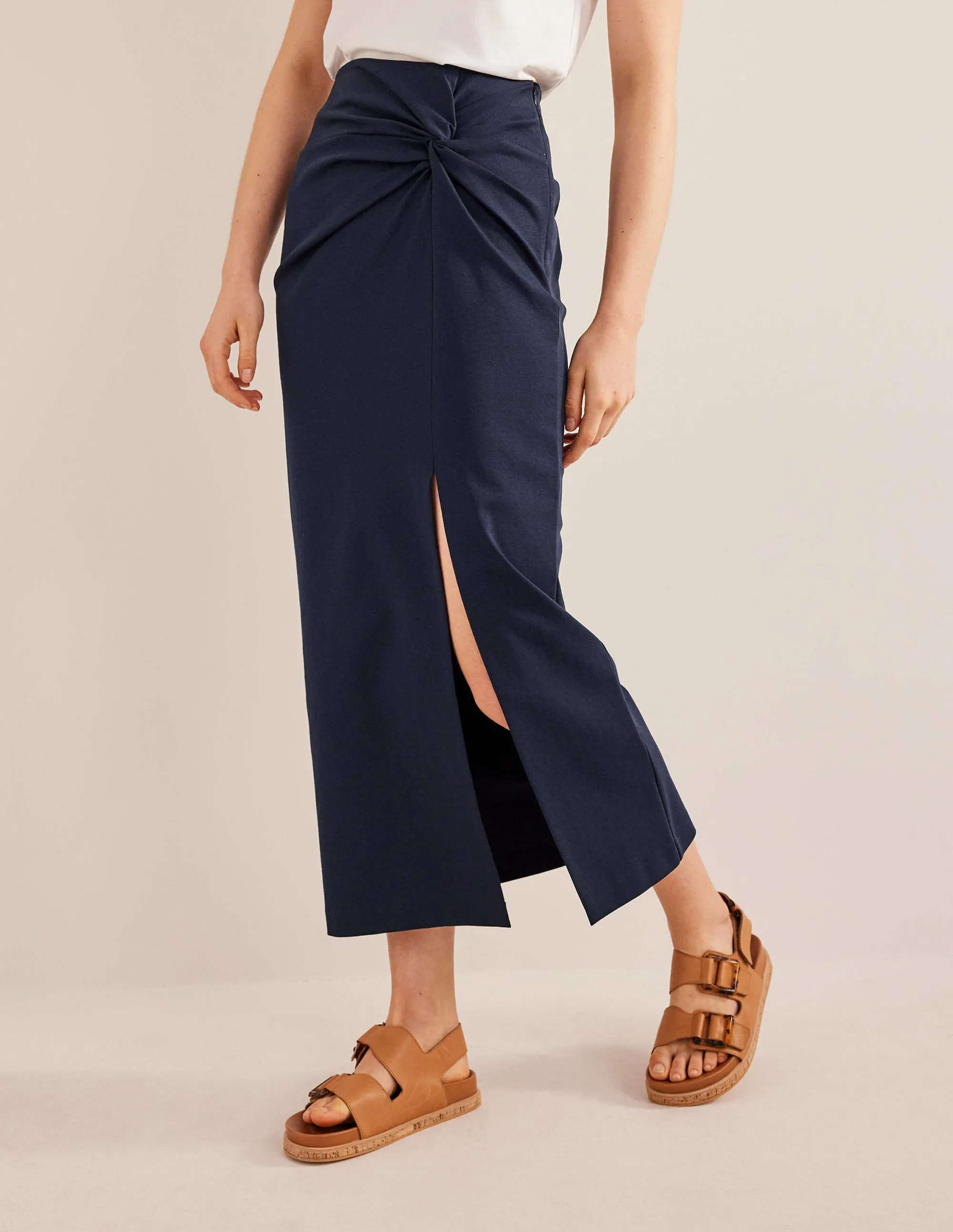 Knot Detail Jersey Midi Skirt-Navy