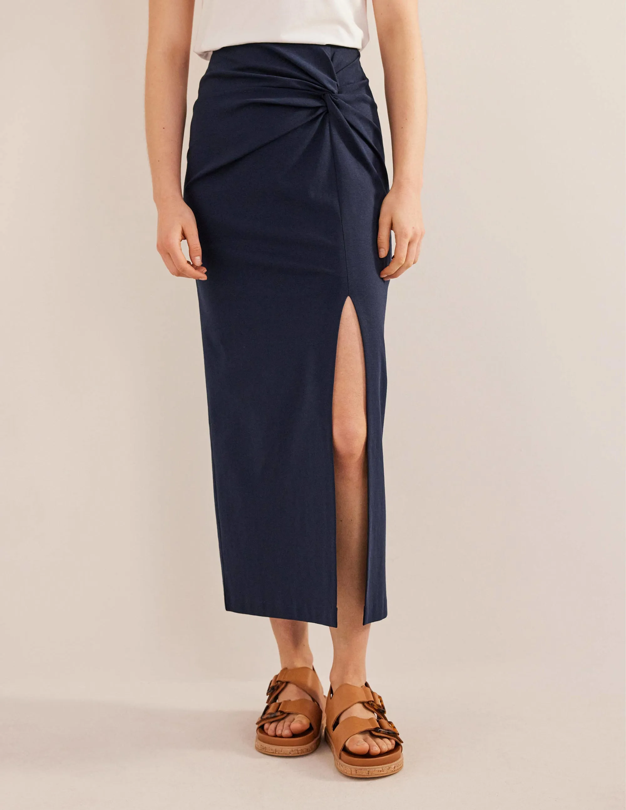 Knot Detail Jersey Midi Skirt-Navy