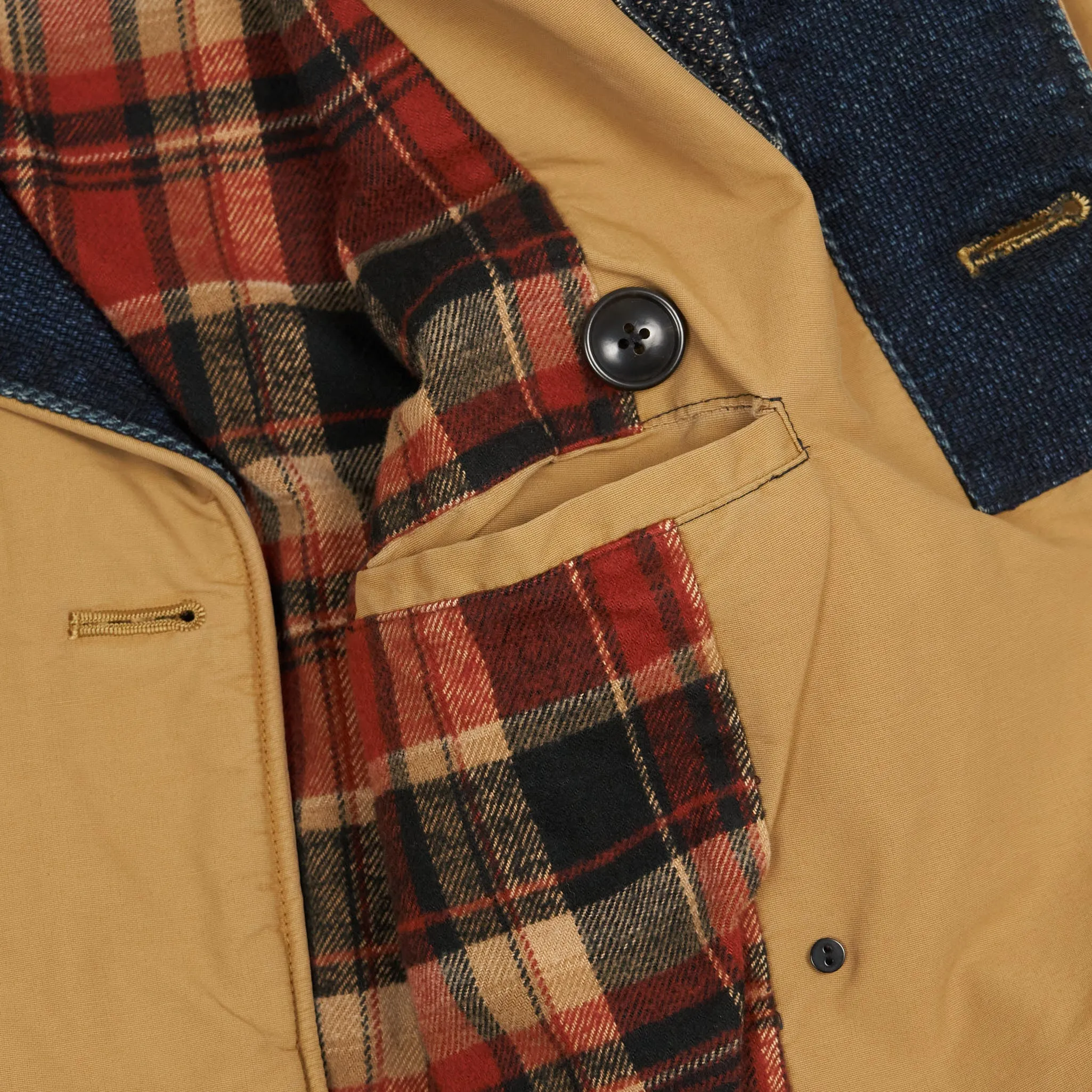 KRM Kyoto Indigo Patchwork Double Breasted Trench Coat with Belt