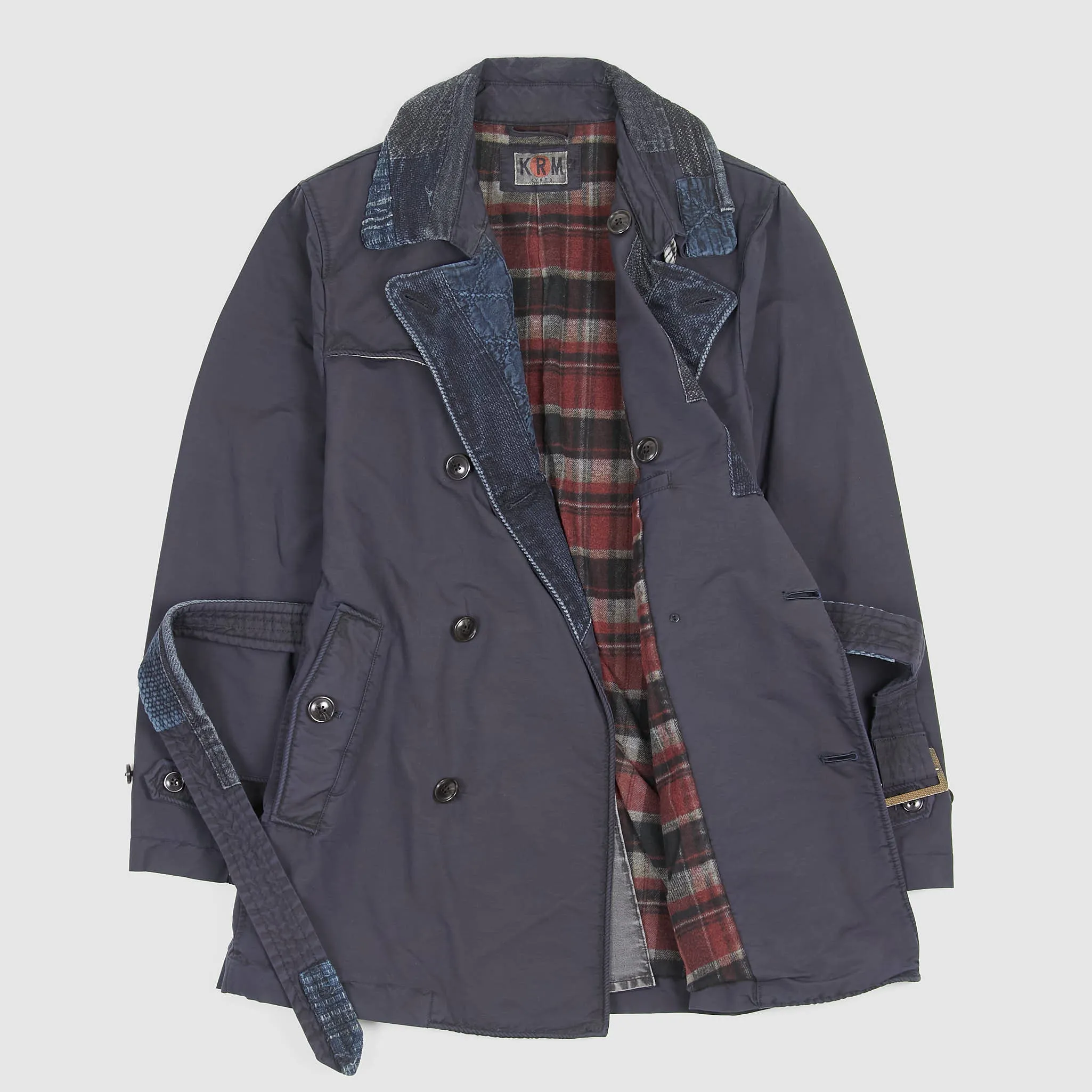 KRM Kyoto Indigo Patchwork Double Breasted Trench Coat with Belt