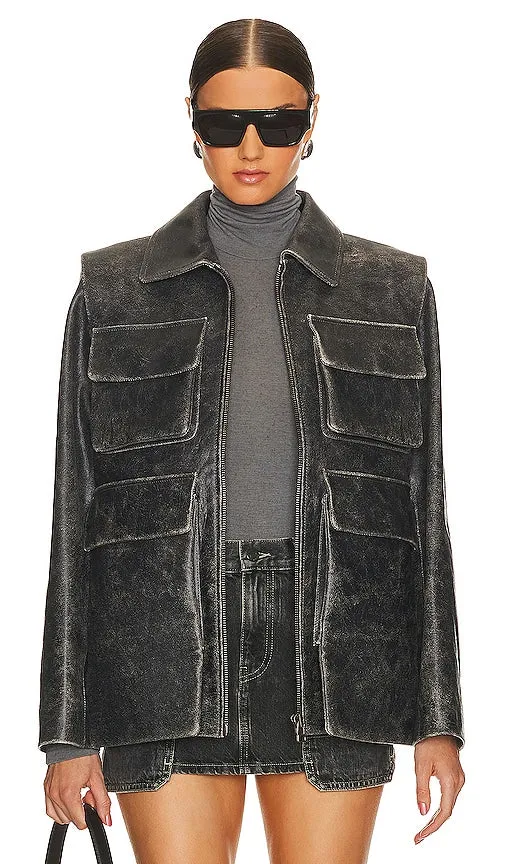 KULAKOVSKY Leather Bomber Jacket With Pockets in Charcoal