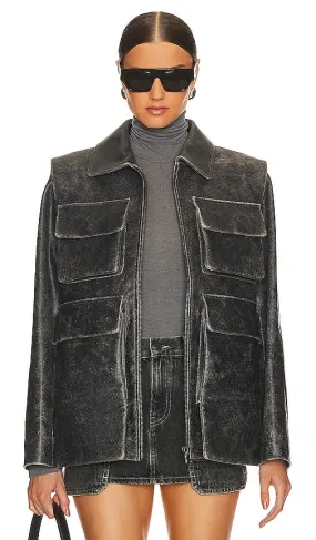 KULAKOVSKY Leather Bomber Jacket With Pockets in Charcoal