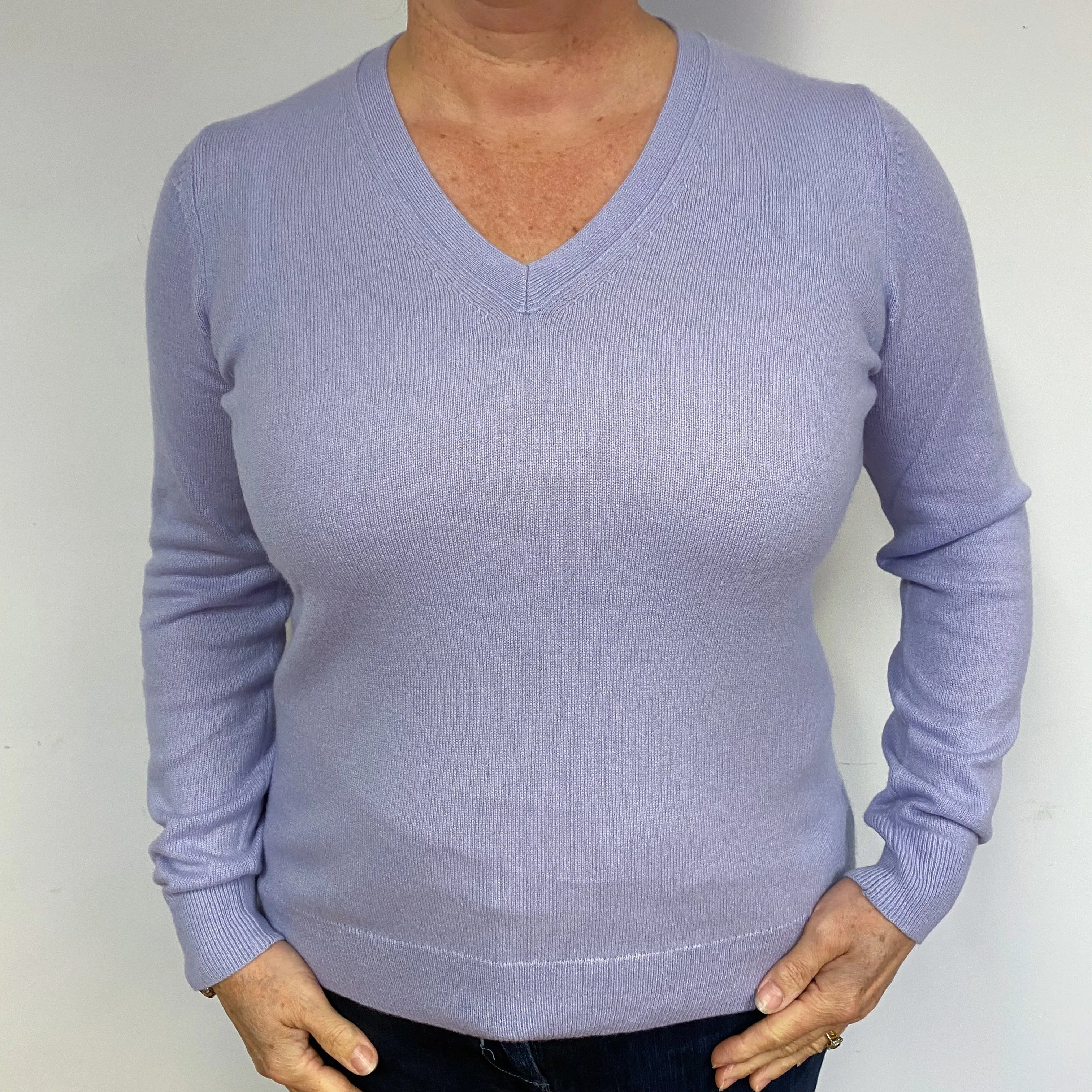 Lilac Purple Cashmere V-Neck Jumper Large