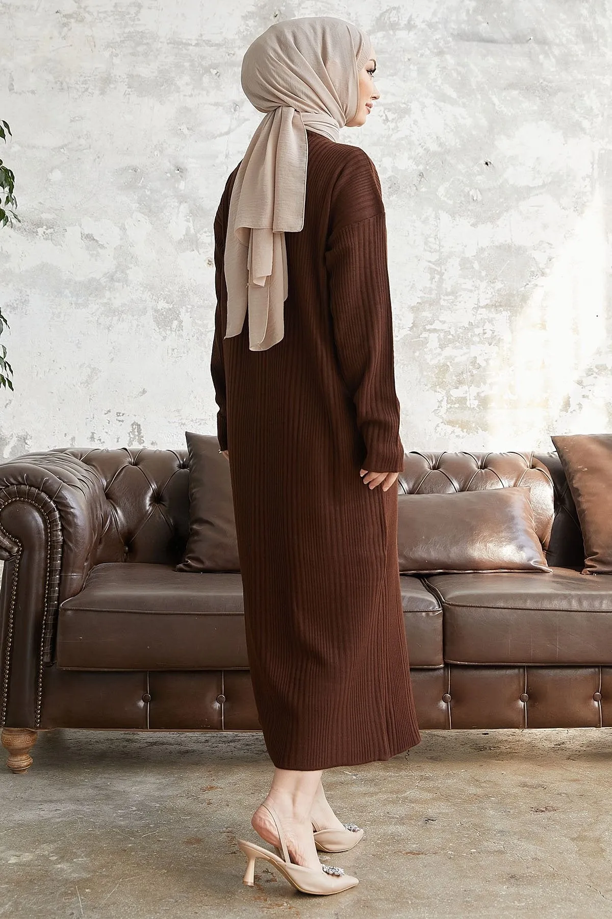MDS Women Arissa Fisherman Collar Long Knit Dress - Bitter Brown - Reston
