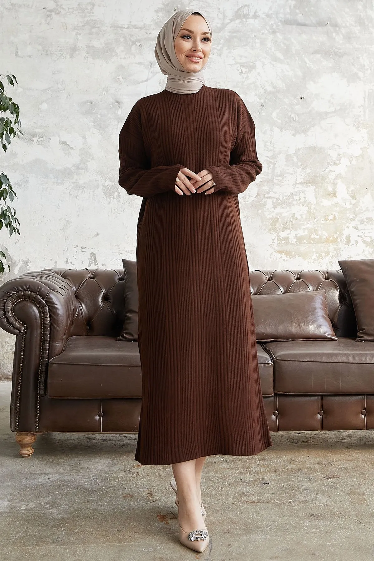 MDS Women Arissa Fisherman Collar Long Knit Dress - Bitter Brown - Reston