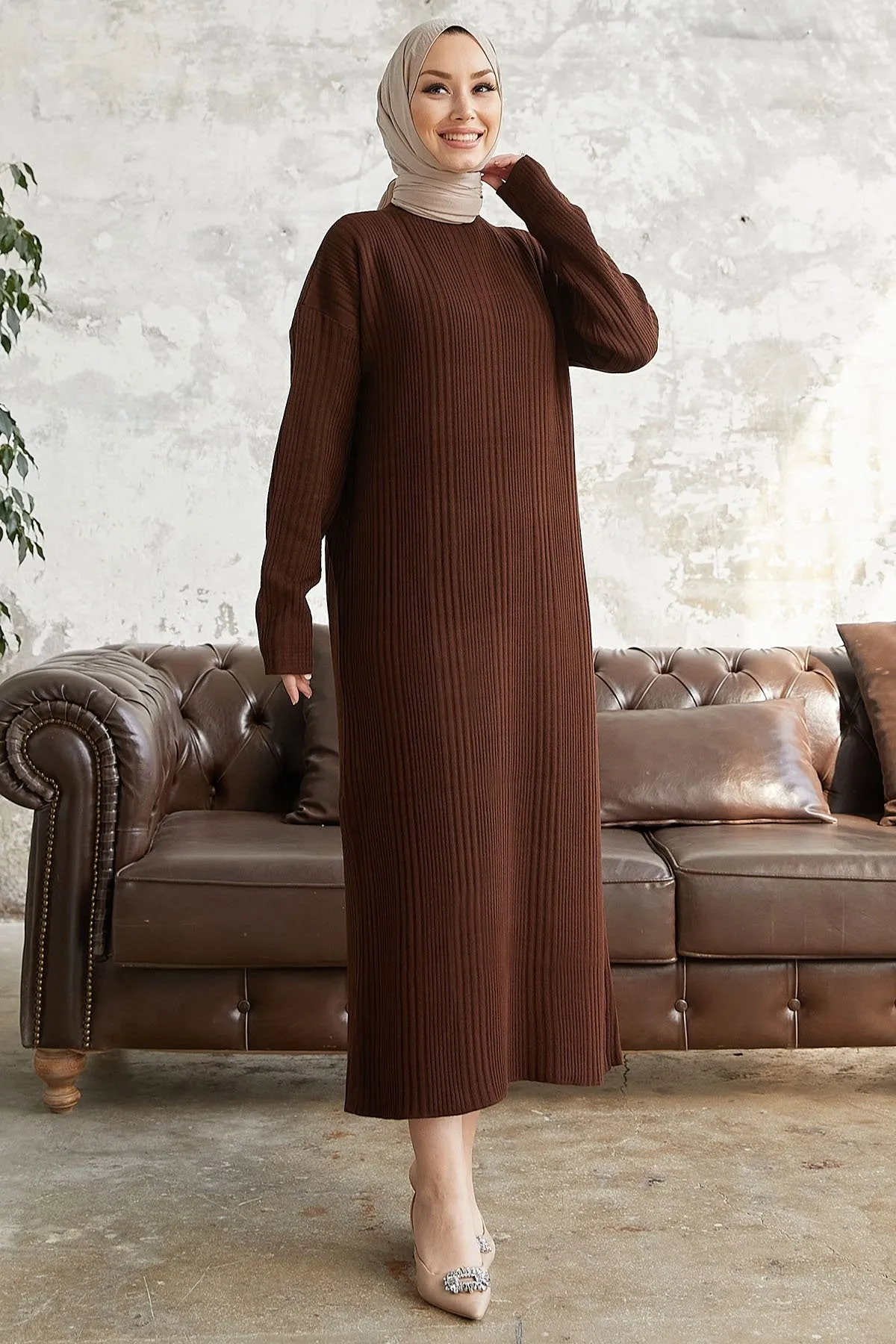 MDS Women Arissa Fisherman Collar Long Knit Dress - Bitter Brown - Reston