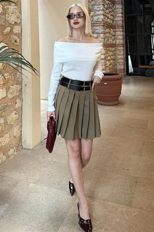 MDX Beige Pleated Two-Belted Women's Skirt MG2246 - Portage