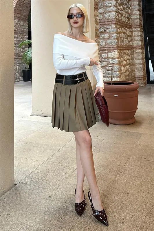 MDX Beige Pleated Two-Belted Women's Skirt MG2246 - Portage