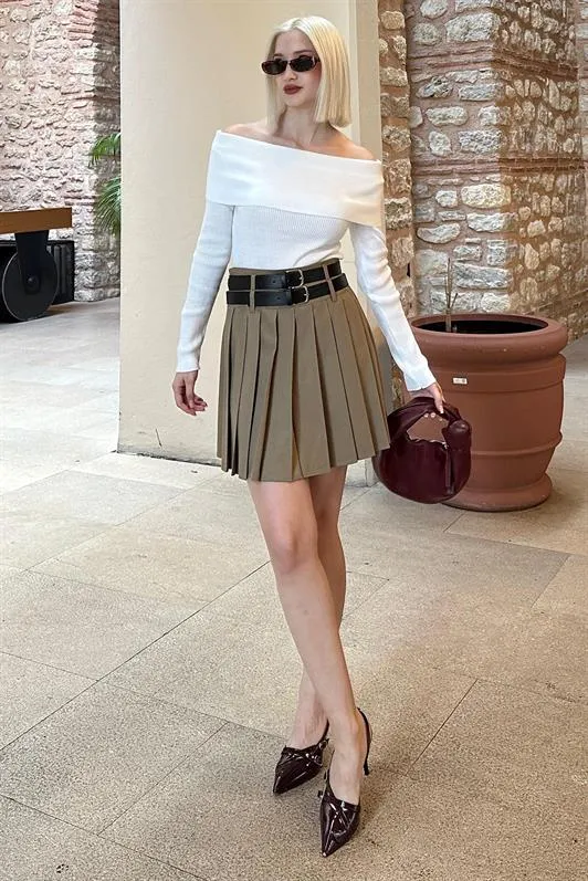 MDX Beige Pleated Two-Belted Women's Skirt MG2246 - Portage