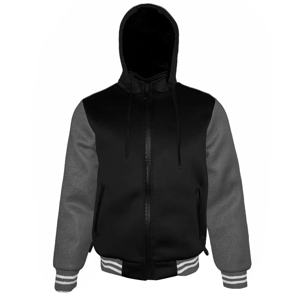 Mens Bomber Varsity Jacket Zip Up Faux Fur Lining Removable Hoodie