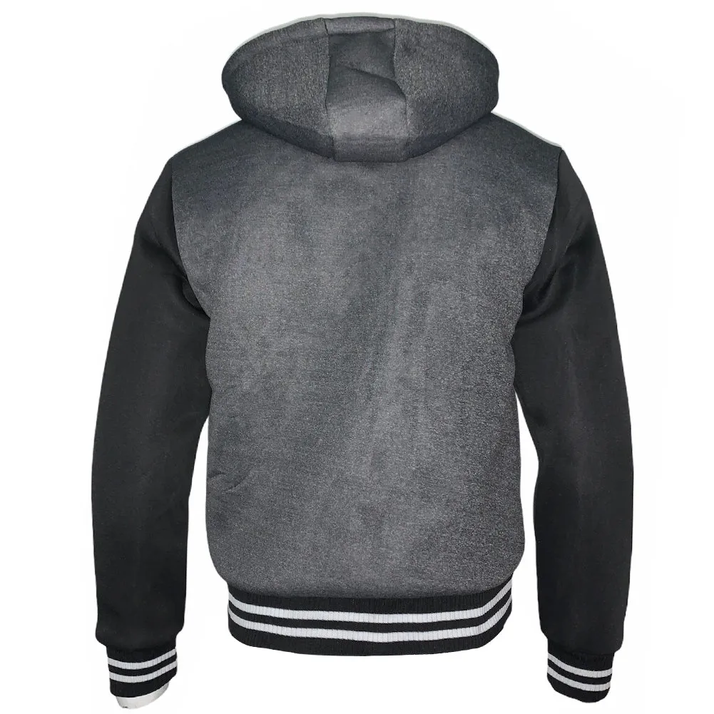 Mens Bomber Varsity Jacket Zip Up Faux Fur Lining Removable Hoodie
