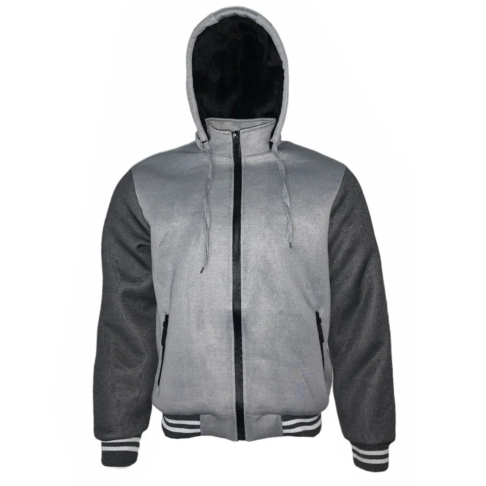 Mens Bomber Varsity Jacket Zip Up Faux Fur Lining Removable Hoodie