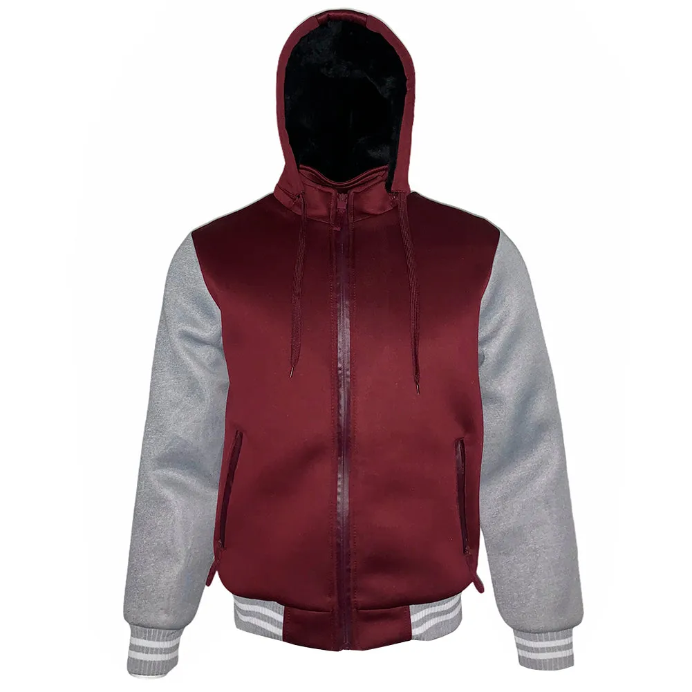 Mens Bomber Varsity Jacket Zip Up Faux Fur Lining Removable Hoodie
