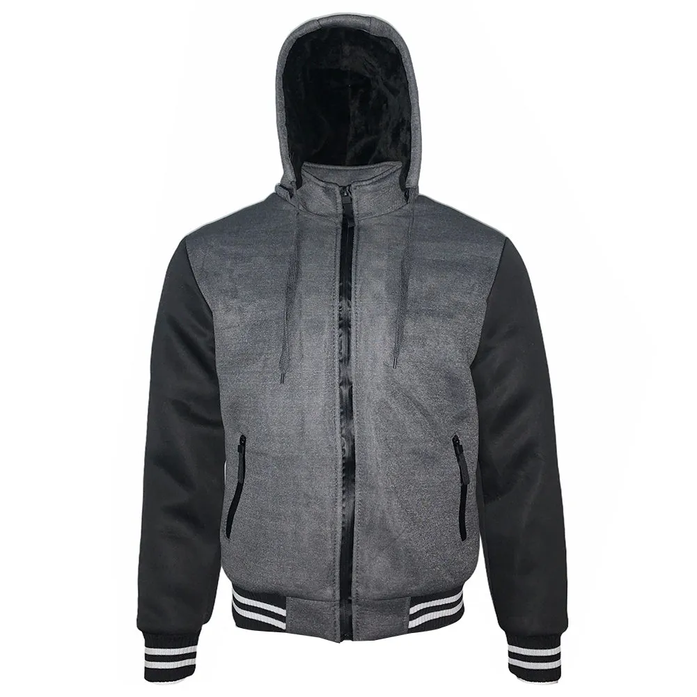 Mens Bomber Varsity Jacket Zip Up Faux Fur Lining Removable Hoodie