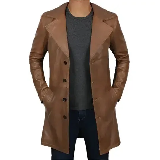Men's Distressed Brown Winter Car Leather Trench Coat