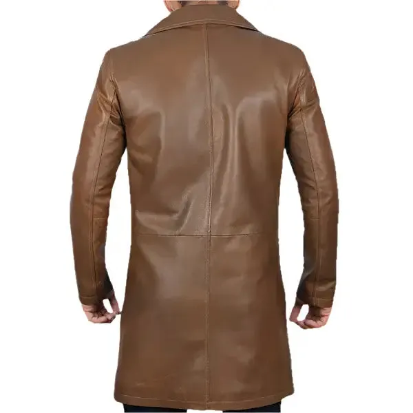 Men's Distressed Brown Winter Car Leather Trench Coat