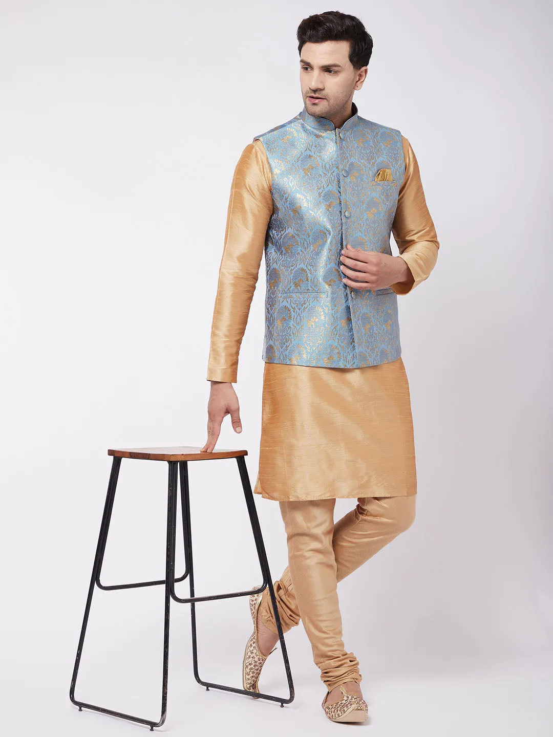 Men's Grey Silk Blend Nehru Jacket - Vastramay