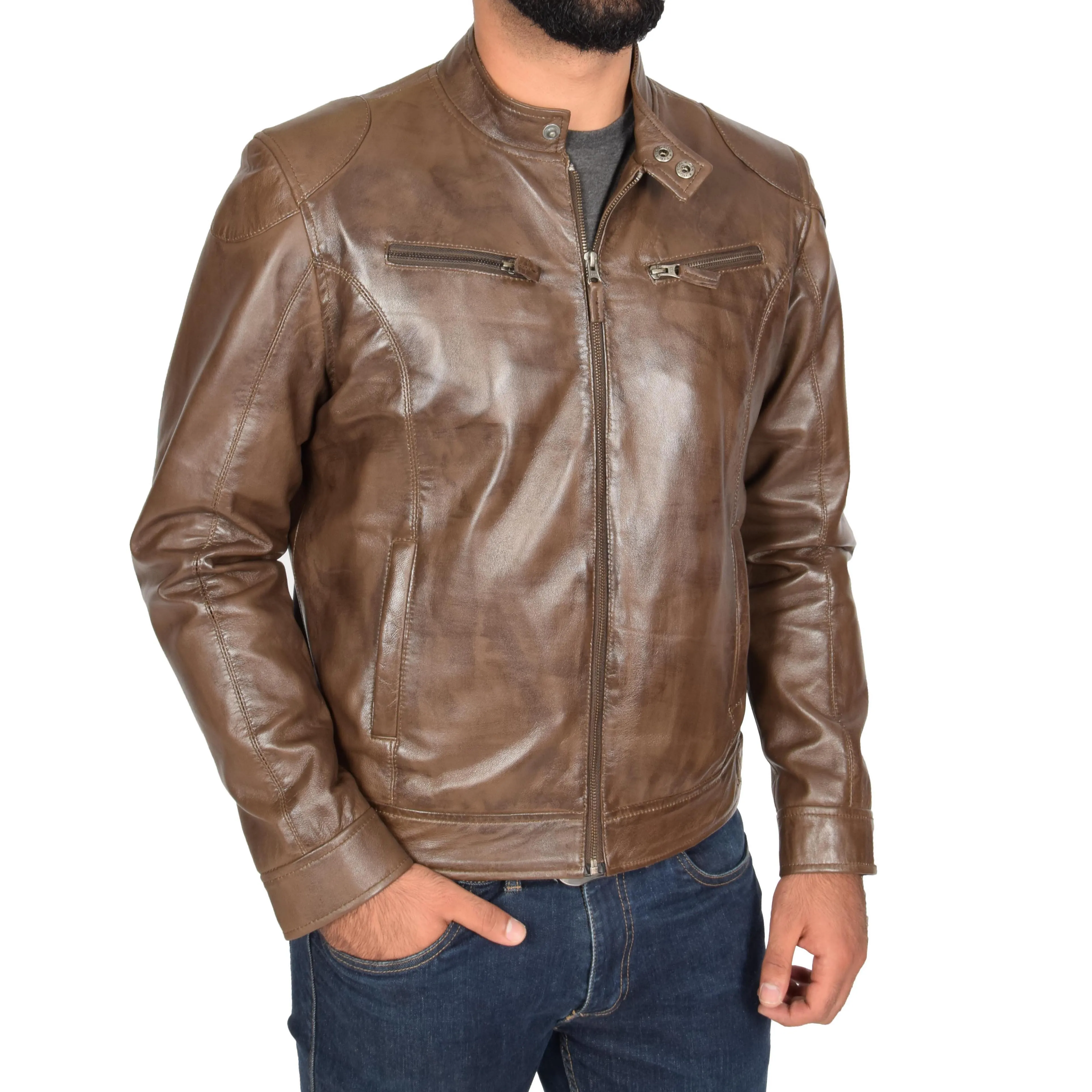 Mens Leather Biker Jacket Bill Stand Up Collar Brown