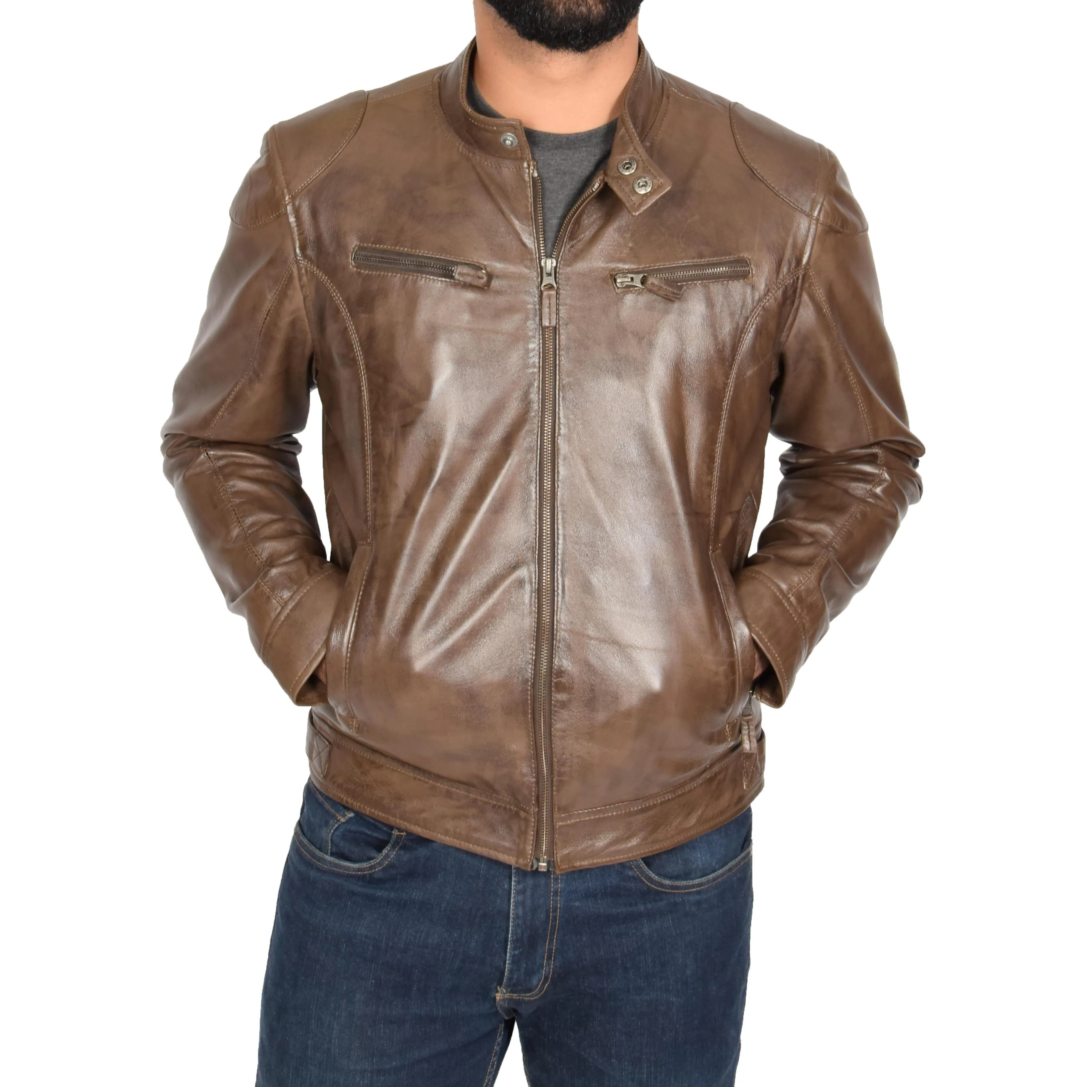 Mens Leather Biker Jacket Bill Stand Up Collar Brown