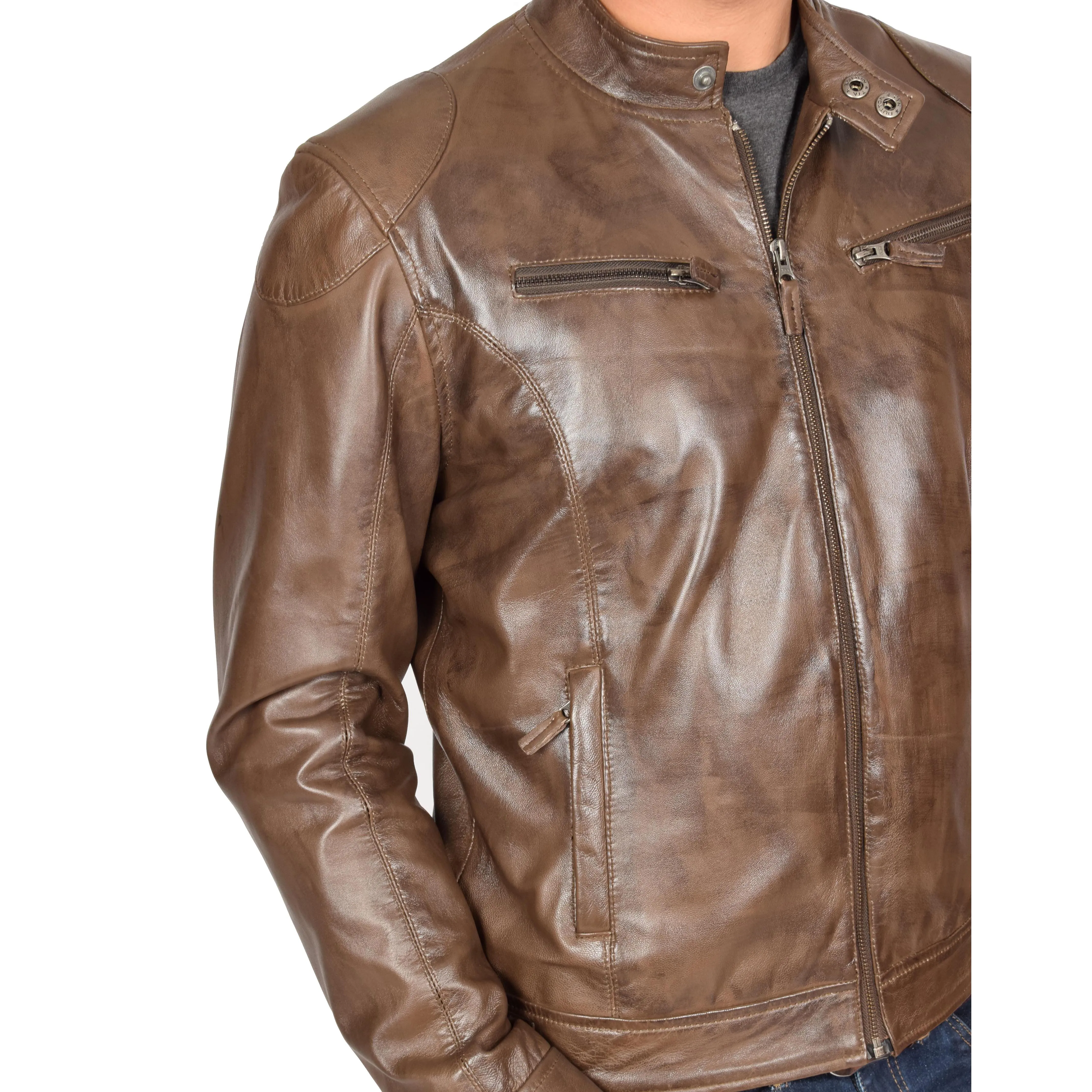 Mens Leather Biker Jacket Bill Stand Up Collar Brown