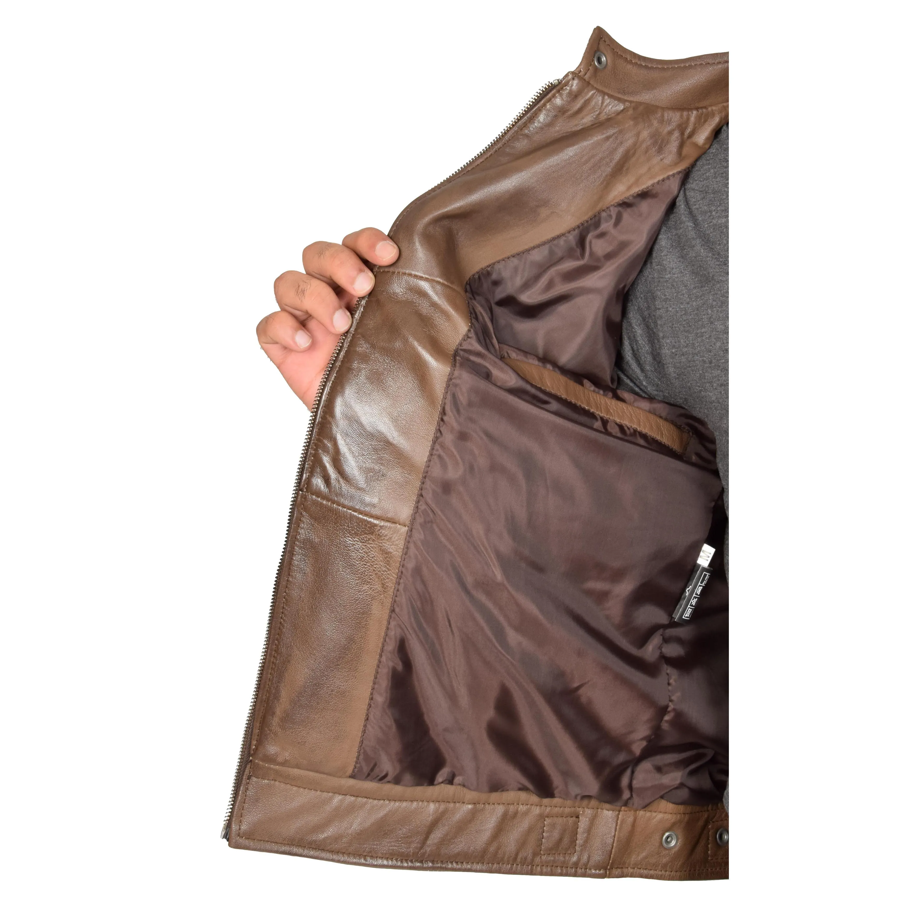Mens Leather Biker Jacket Bill Stand Up Collar Brown