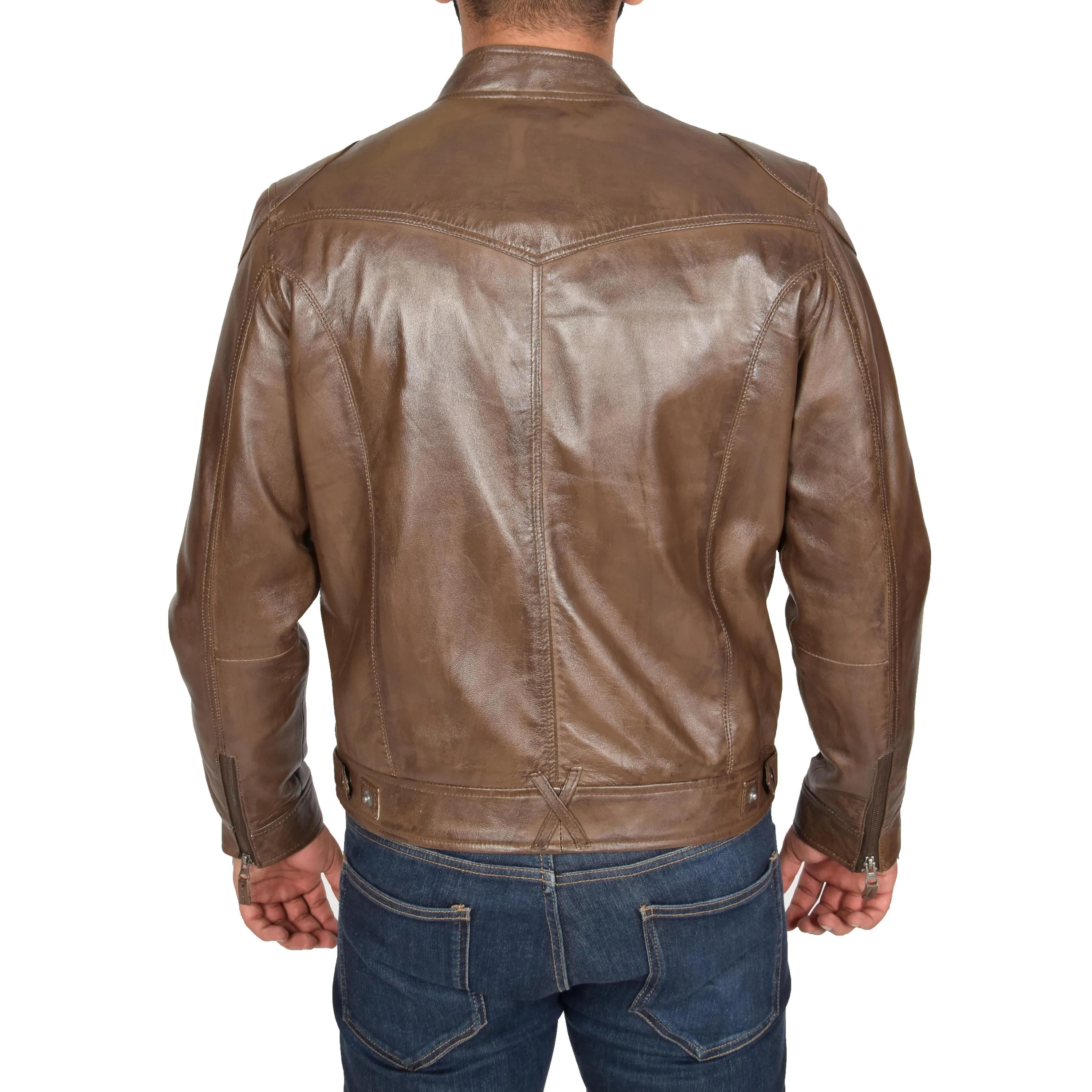Mens Leather Biker Jacket Bill Stand Up Collar Brown