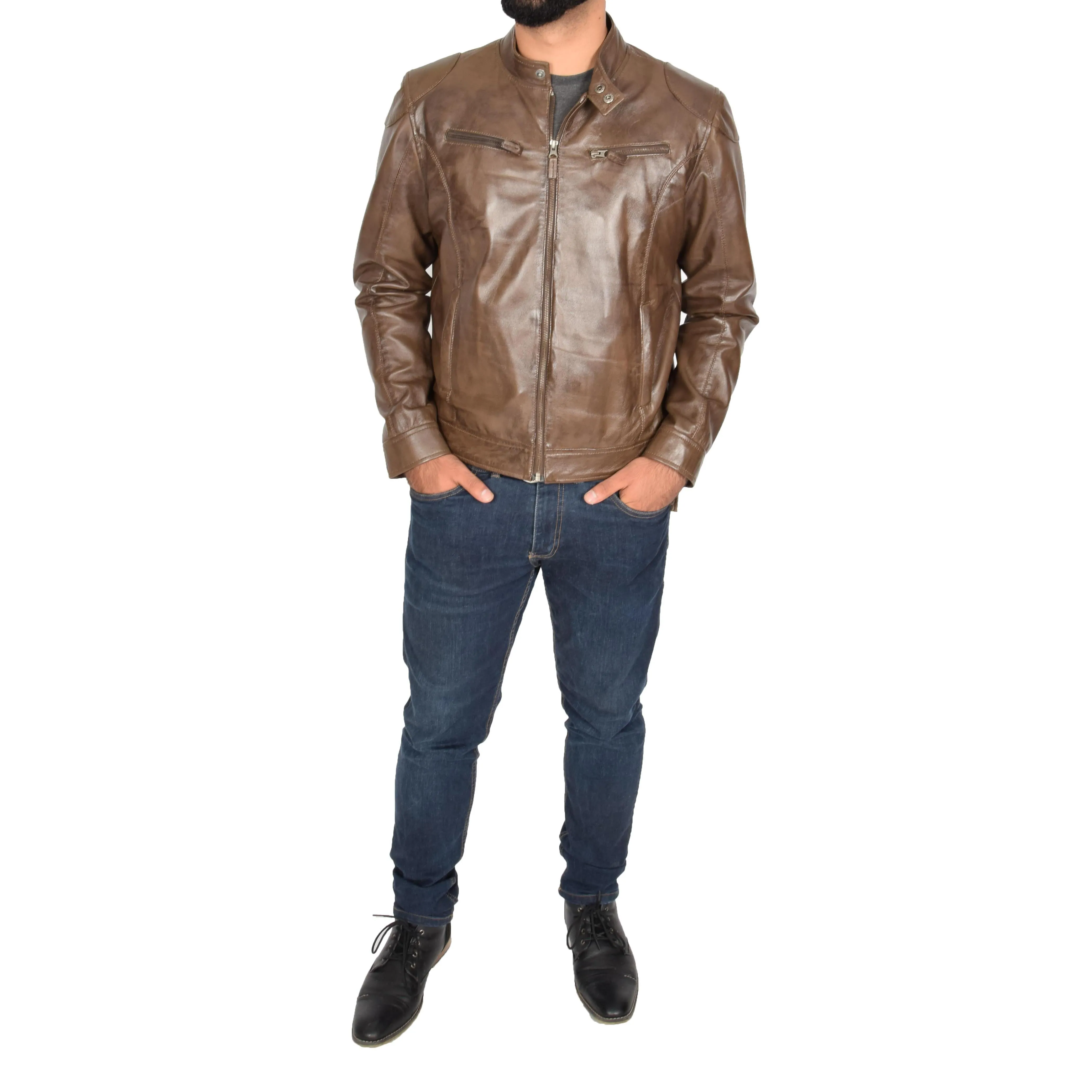 Mens Leather Biker Jacket Bill Stand Up Collar Brown