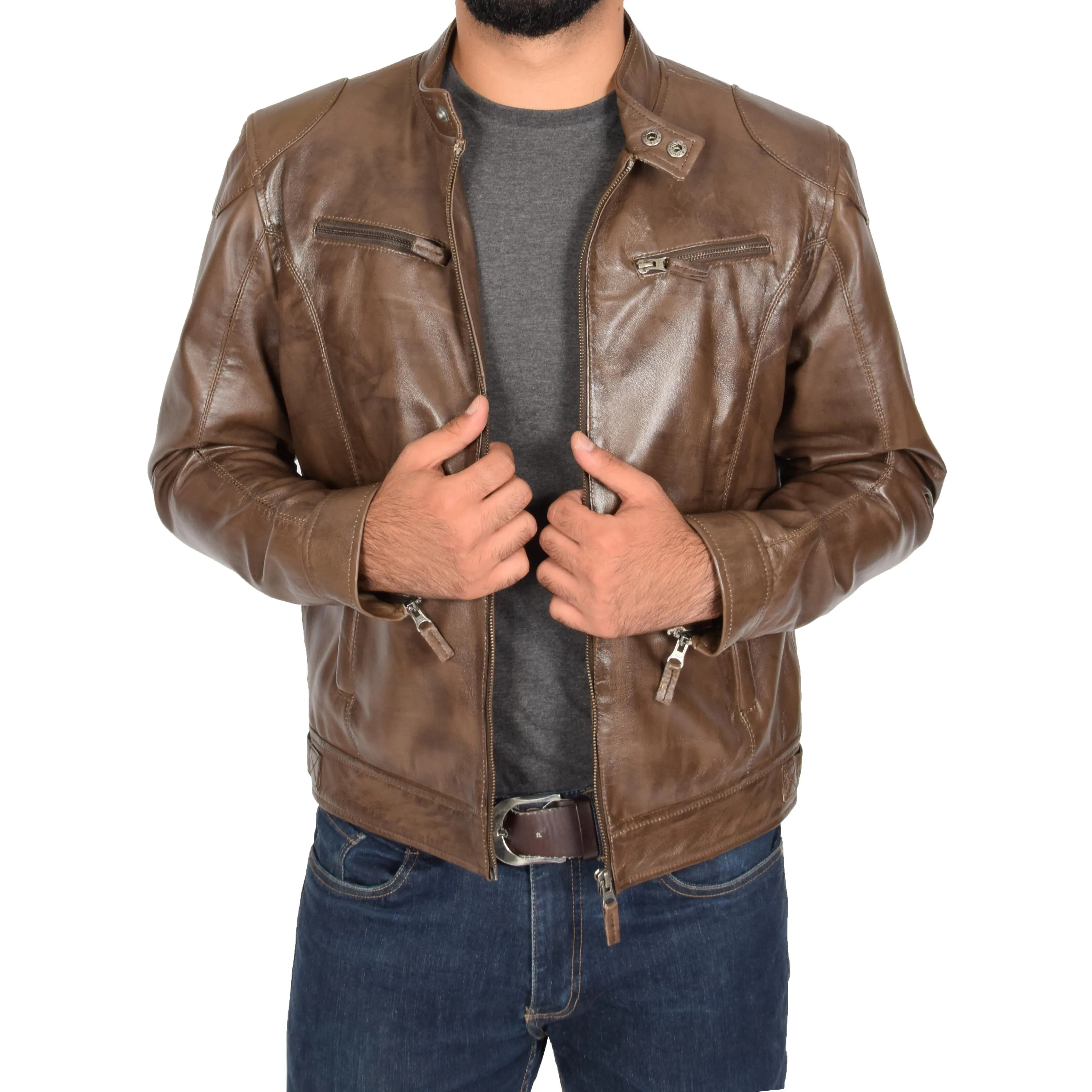 Mens Leather Biker Jacket Bill Stand Up Collar Brown