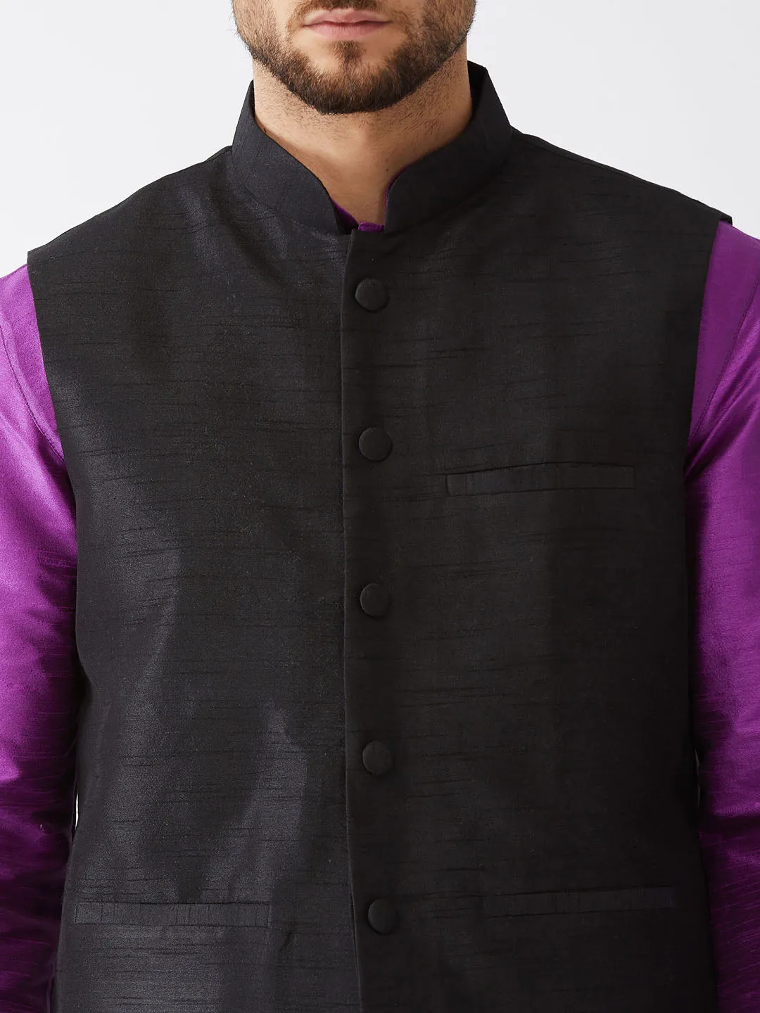 Men's Purple Black Silk Blend Jacket, Kurta And Pyjama Set - Vastramay