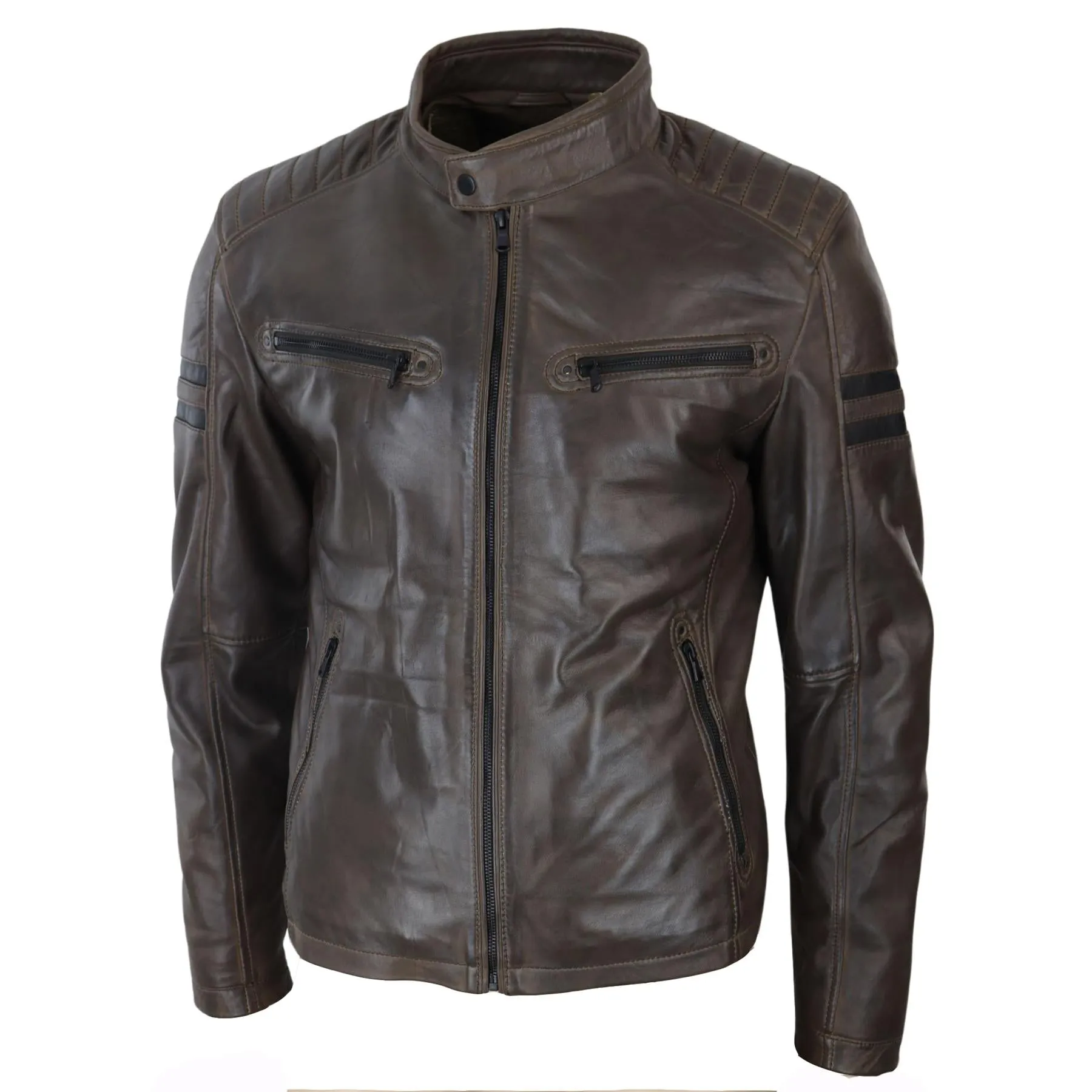 Mens Real Leather Biker Racing Jacket Red Stripes Zip Retro Casual Black Short