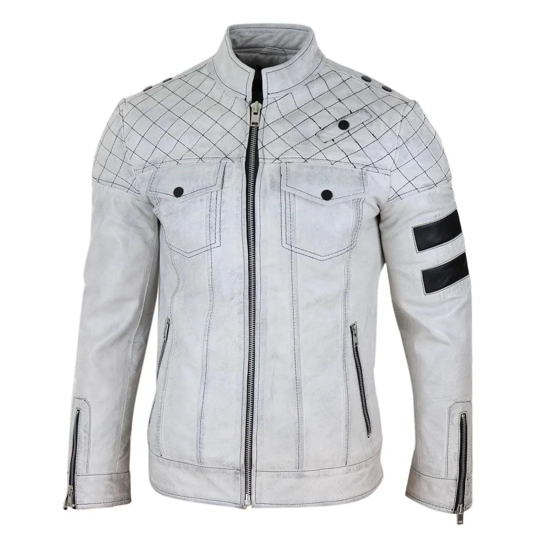 Mens Real Leather Racing Jacket Biker Zipped Casual Napa Stripes Black White