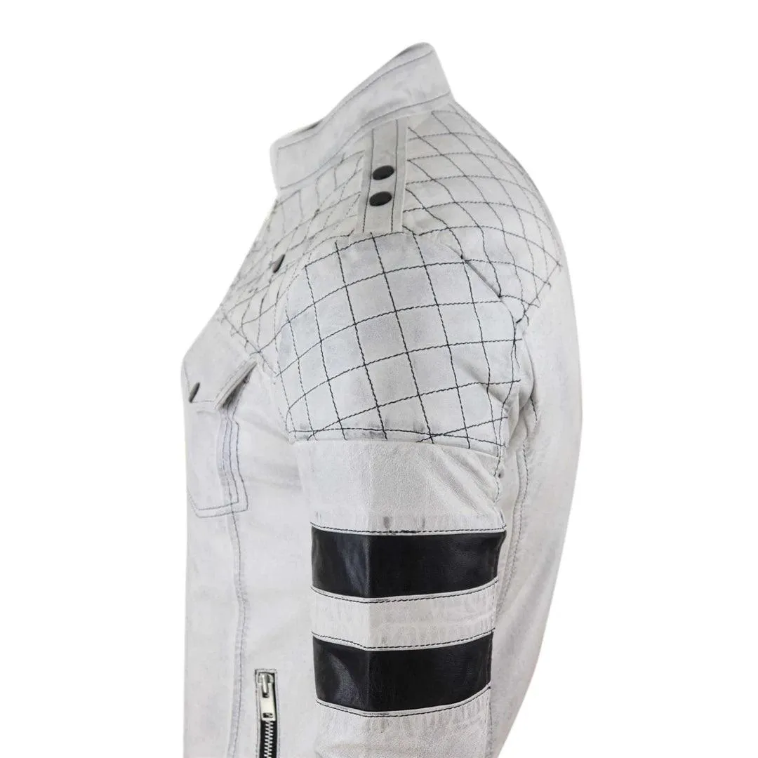 Mens Real Leather Racing Jacket Biker Zipped Casual Napa Stripes Black White